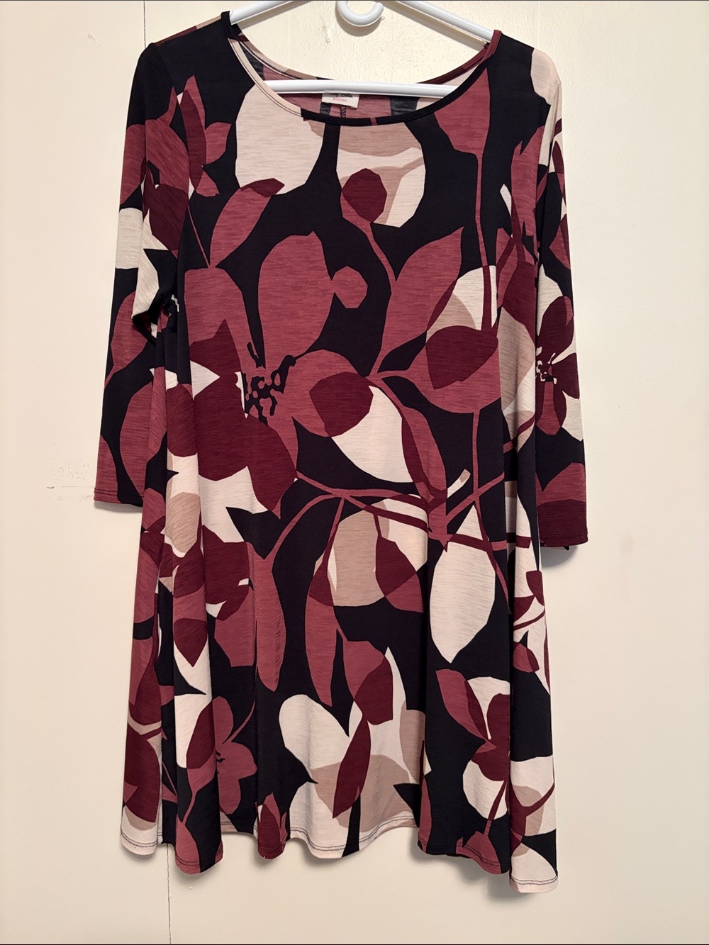 Long Sleeve Floral A-Line Dress in Burgundy and Cream